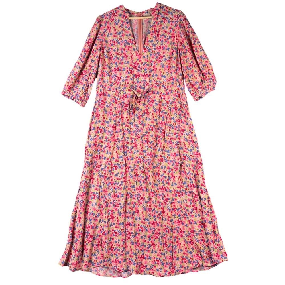 byTiMo Pink Floral V-Neck Maxi Dress M 3/4 Puff Sleeve Tie Waist Pockets Viscose